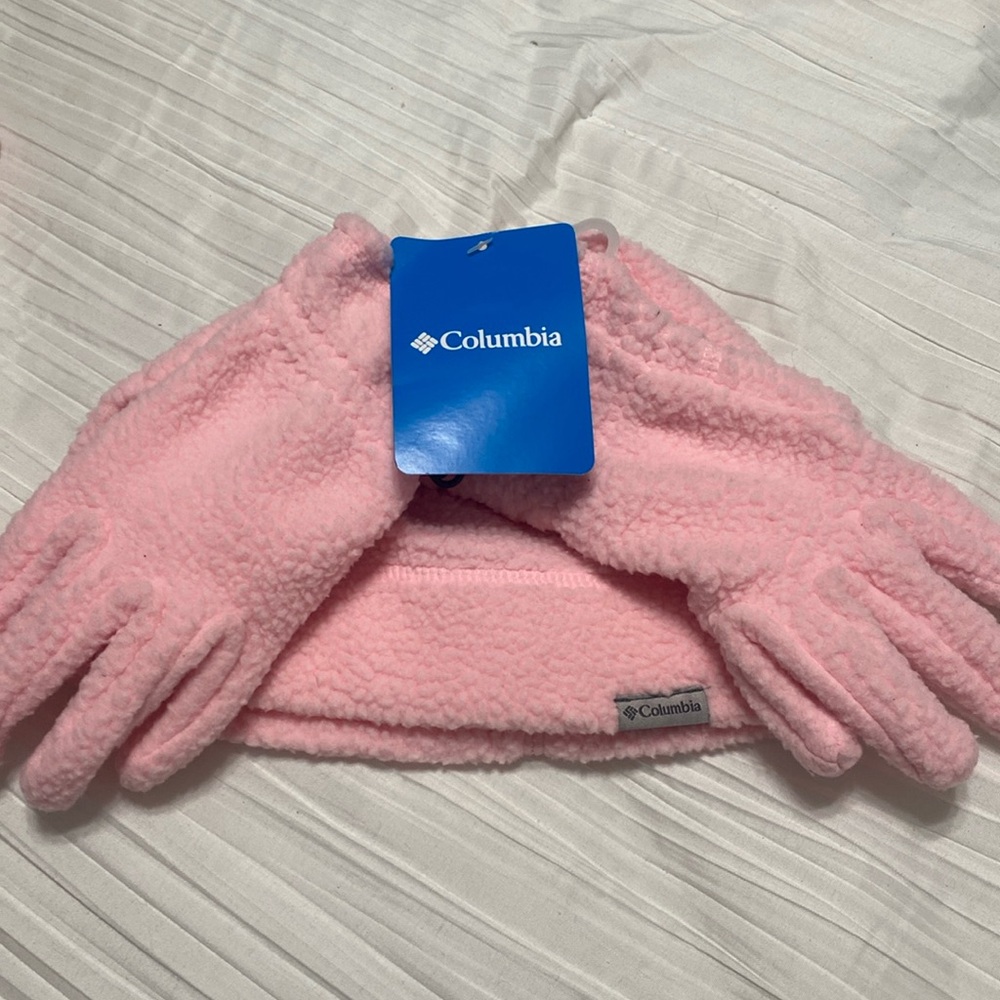 Columbia youth pink, gloves and beanie